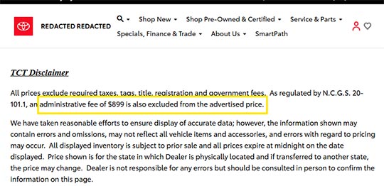 Example of a franchise dealer doc fee on their website