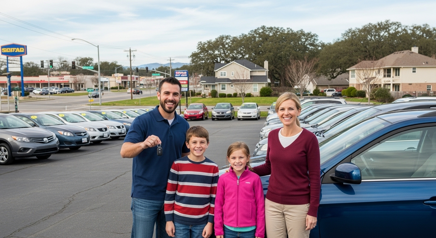 Family with new car keys at NC dealership